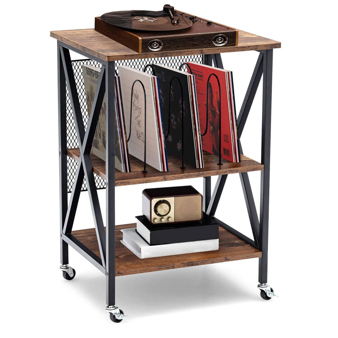 Brown Engineered Wood Turntable Stand with Steel Frame and 3 Tiers